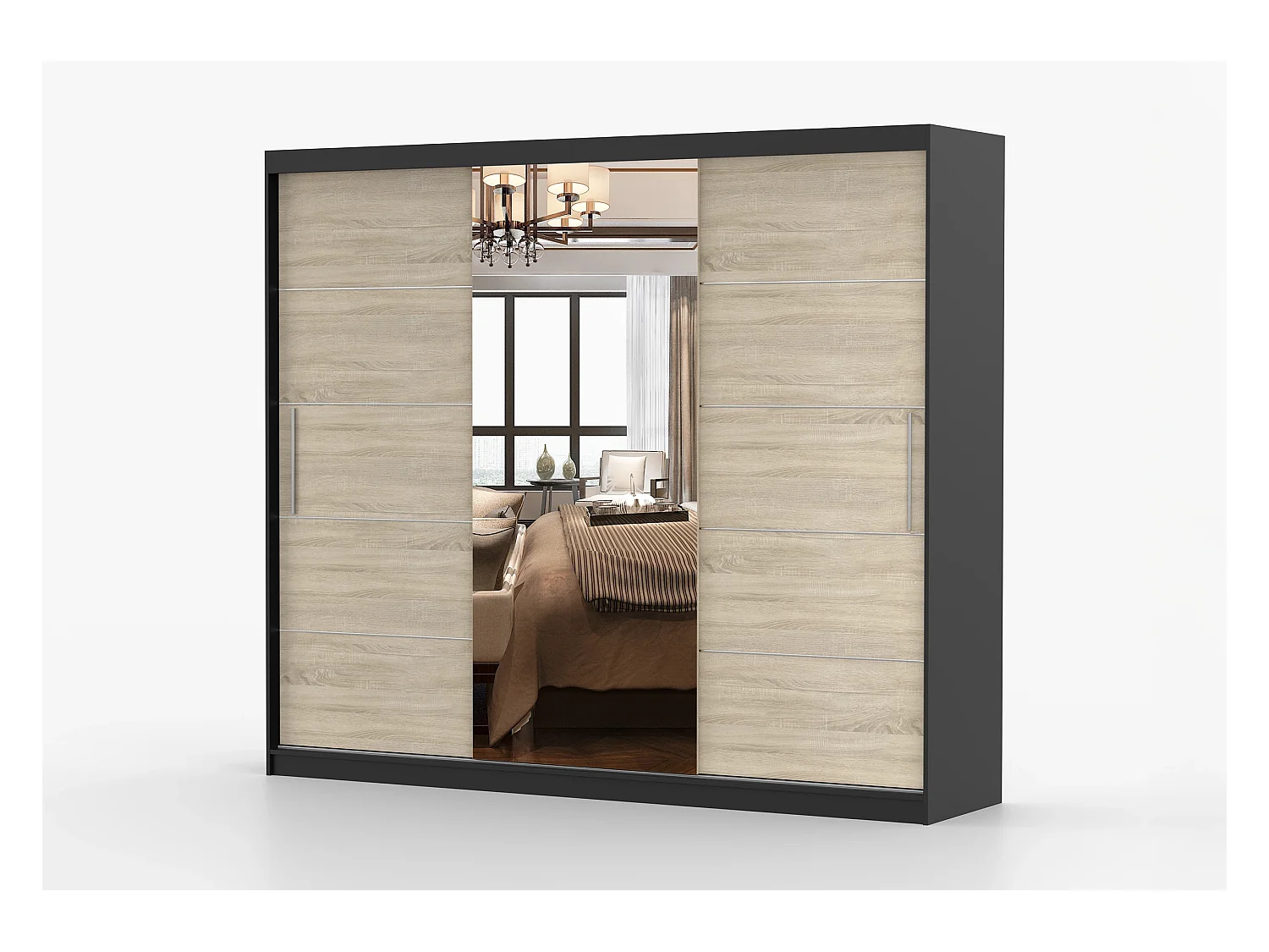 Armoire Olympe 233 cm avec miroir - Noir - Chêne