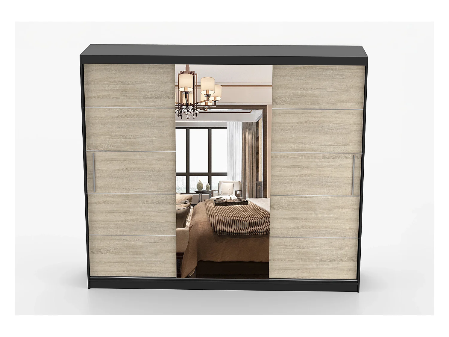 Armoire Olympe 233 cm avec miroir - Noir - Chêne