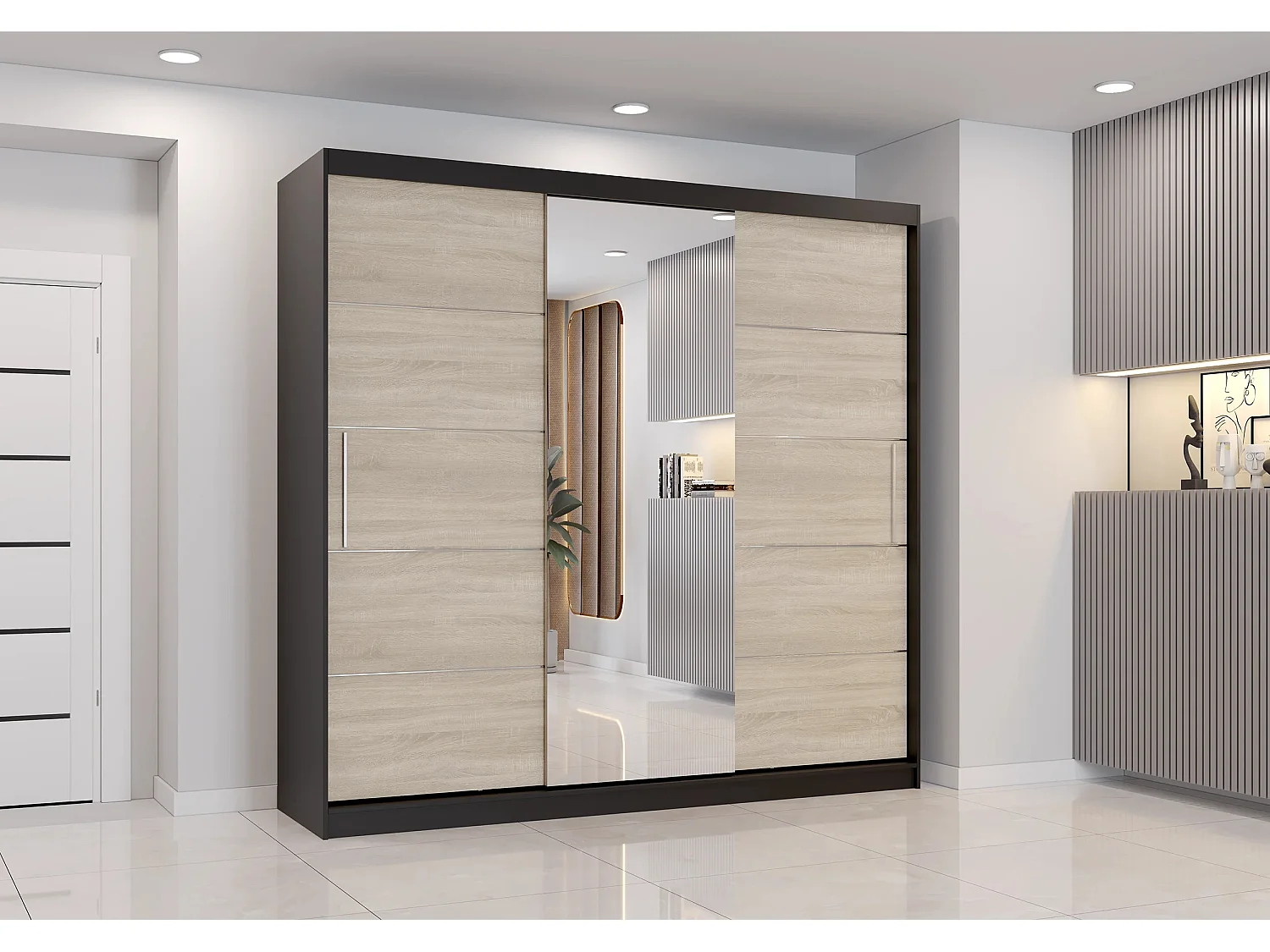 Armoire Olympe 233 cm avec miroir - Noir - Chêne