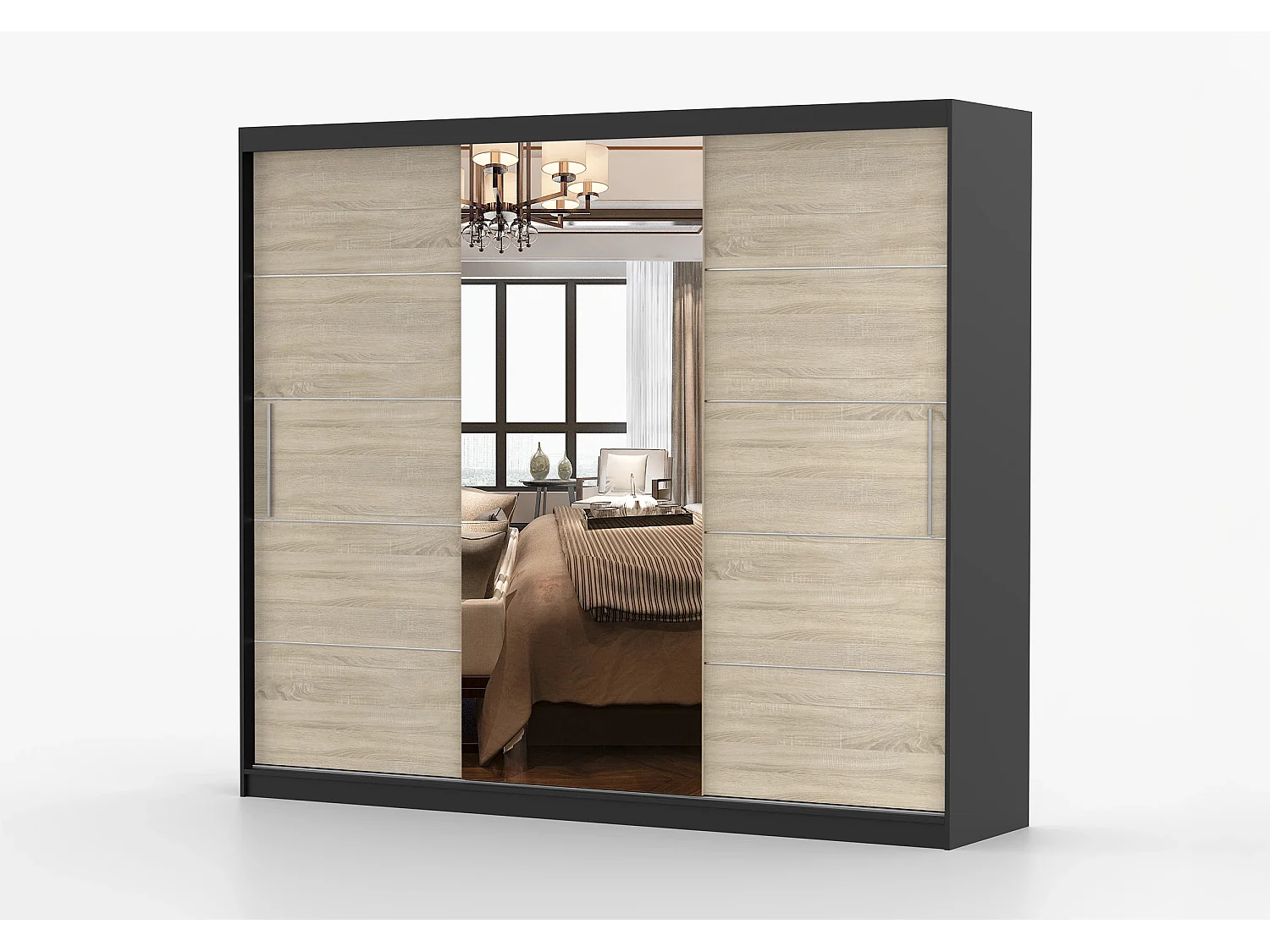 Armoire Olympe 233 cm avec miroir - Noir - Chêne