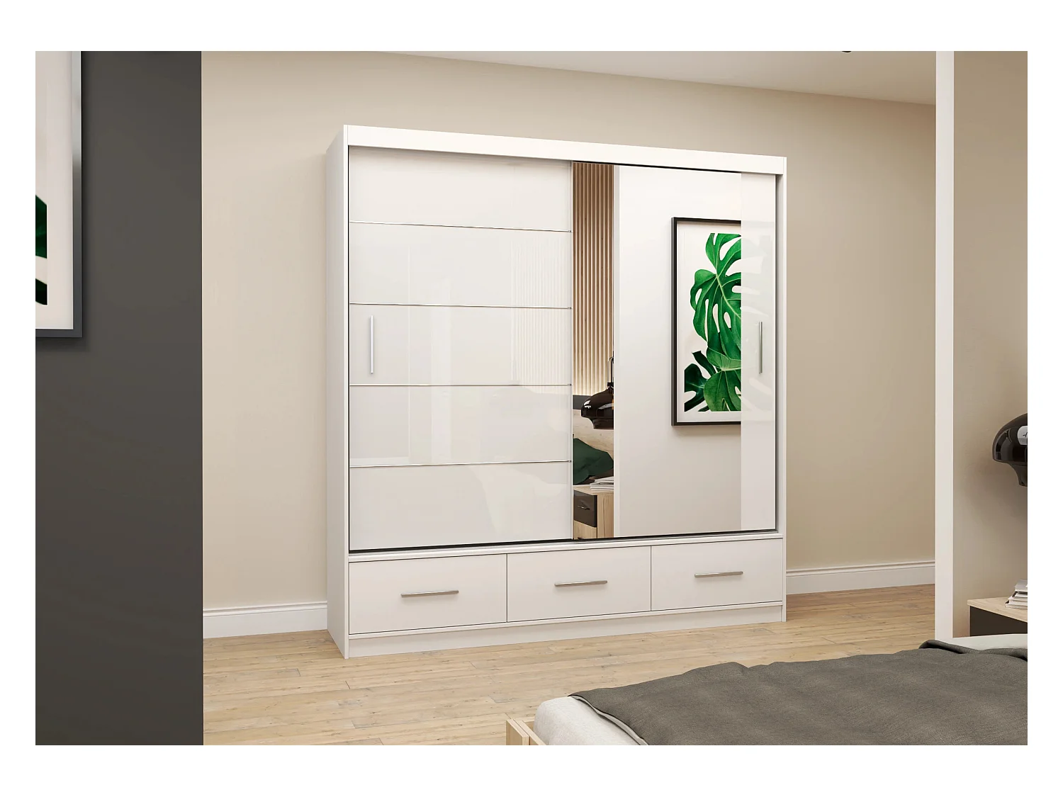 Armoire Sylar 203 cm avec miroir - Blanc