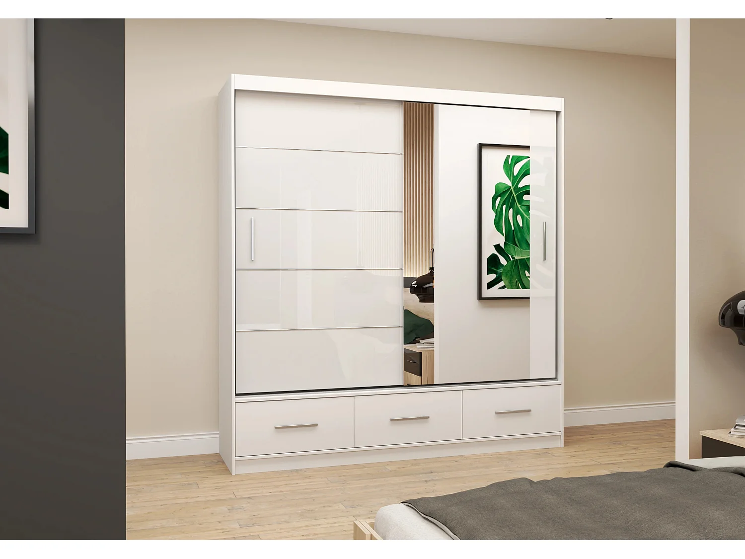Armoire Sylar 203 cm avec miroir - Blanc