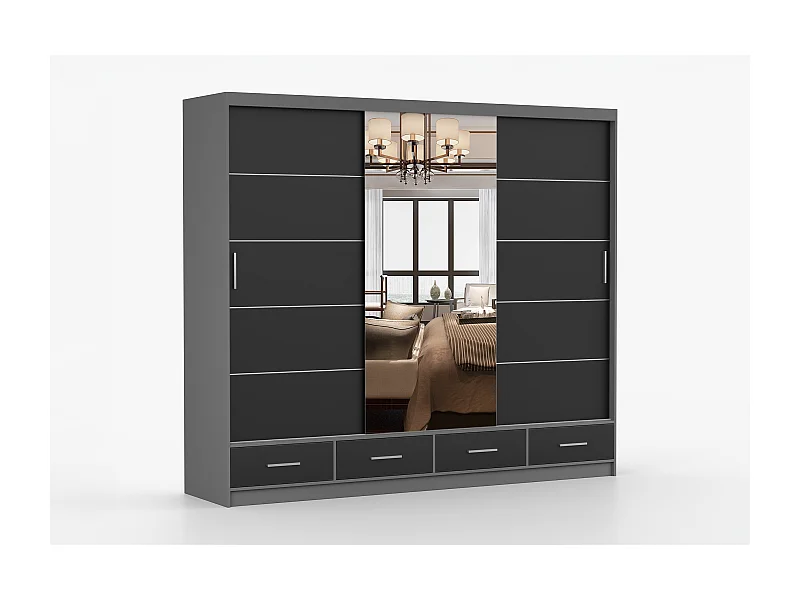 Armoire Silas 250 cm avec miroir - Gris - Noir