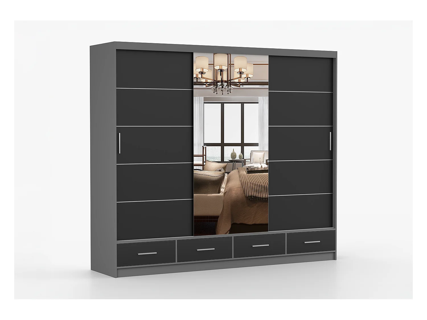 Armoire Silas 250 cm avec miroir - Gris - Noir