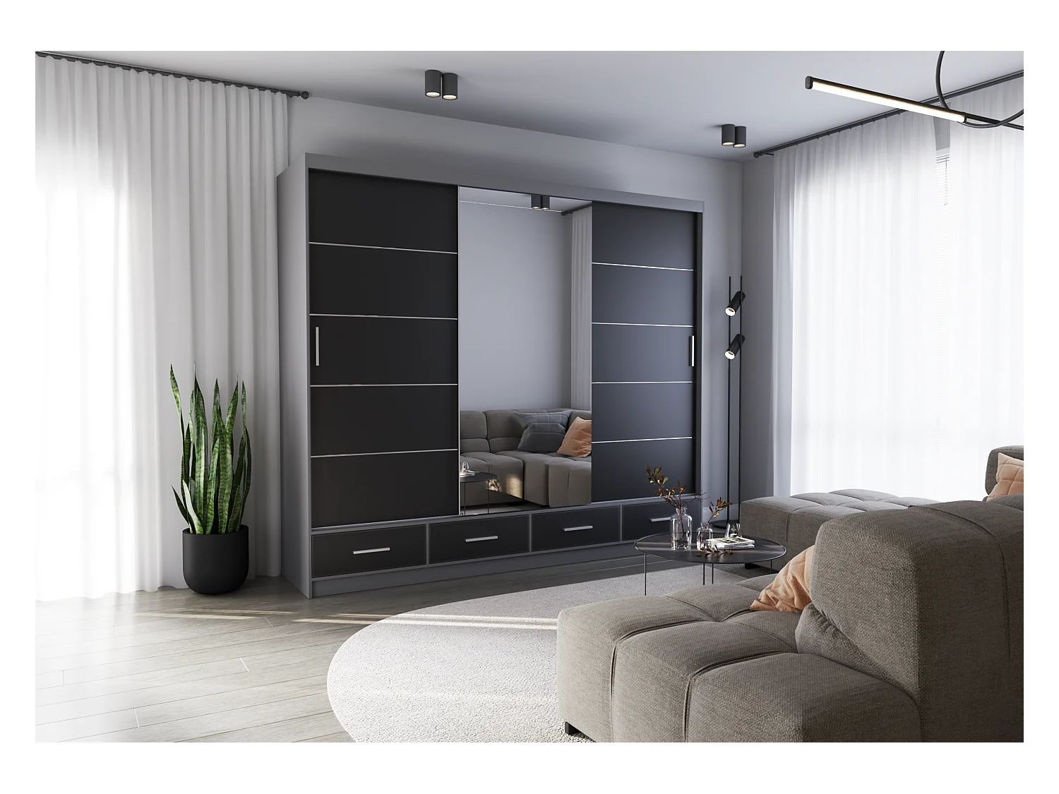 Armoire Silas 250 cm avec miroir - Gris - Noir