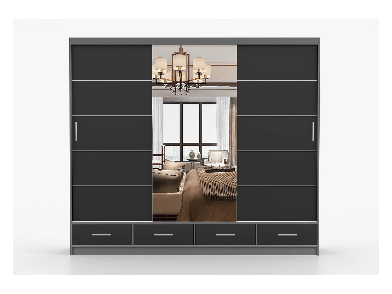 Armoire Silas 250 cm avec miroir - Gris - Noir