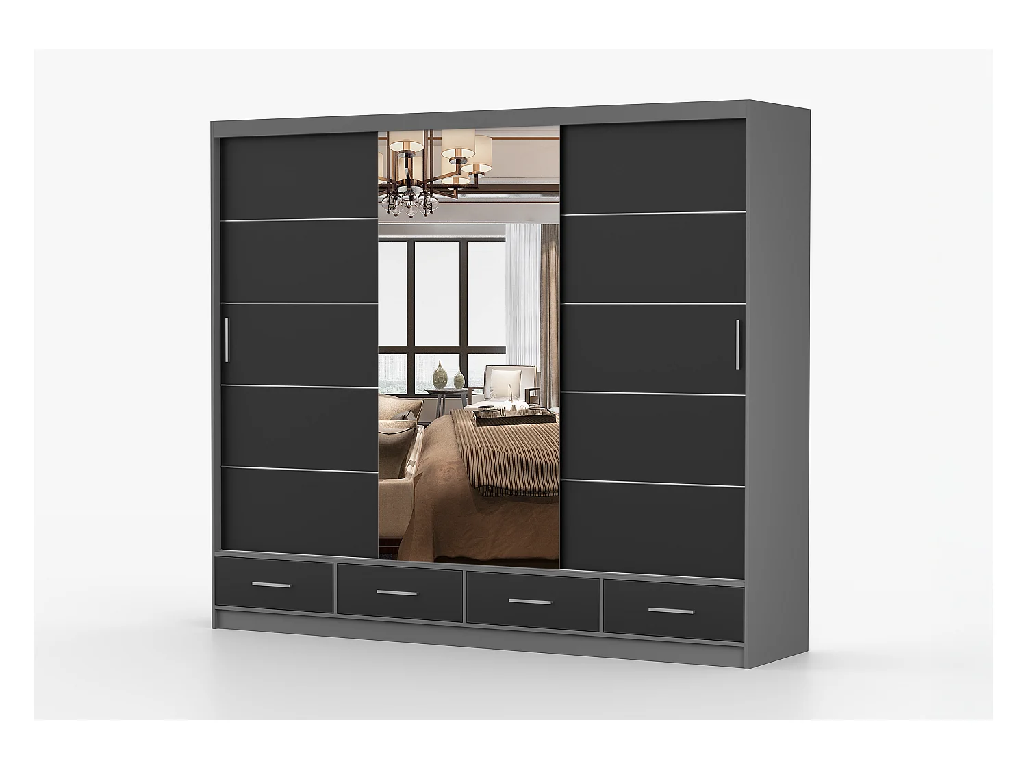 Armoire Silas 250 cm avec miroir - Gris - Noir