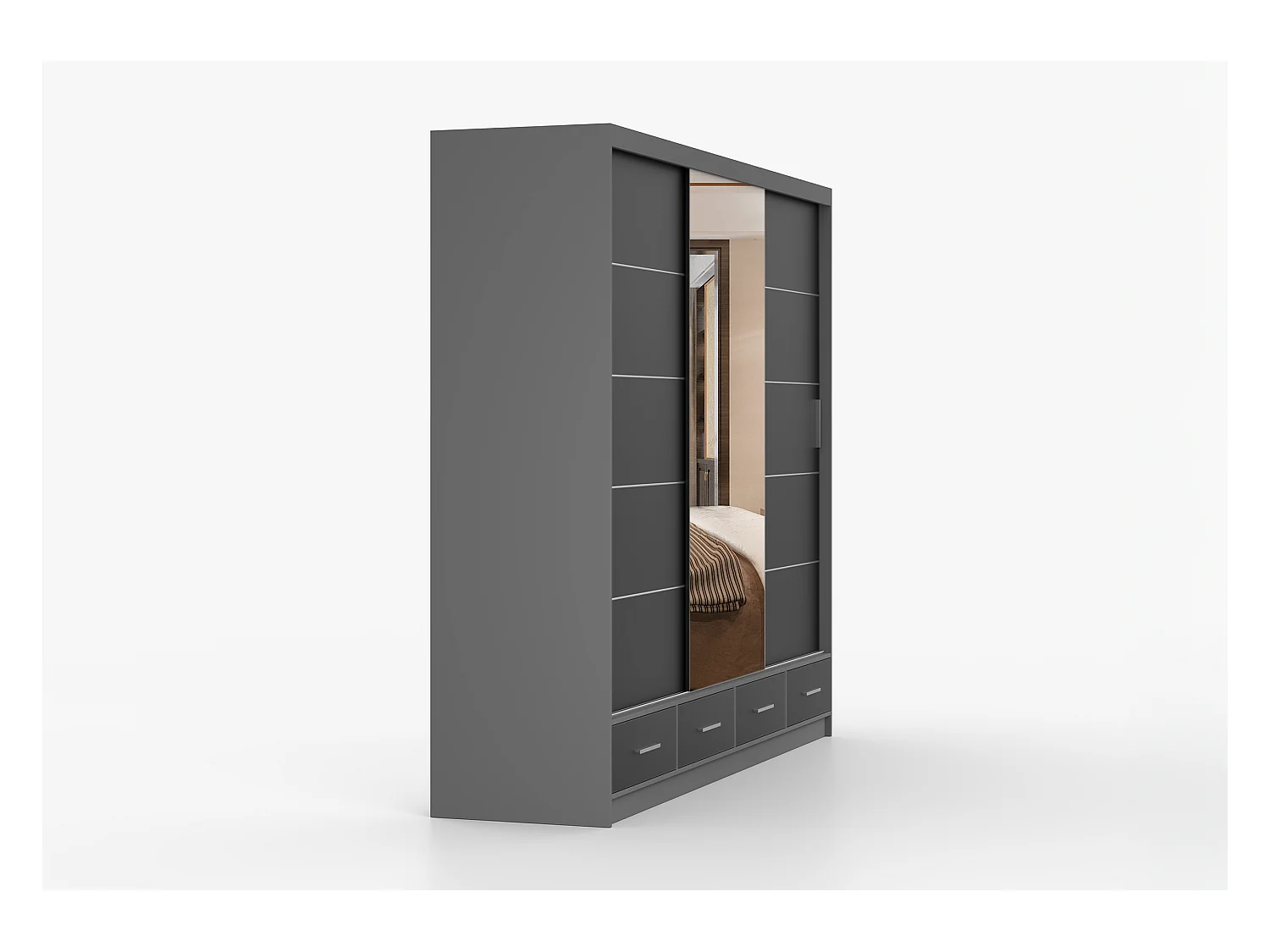 Armoire Silas 250 cm avec miroir - Gris - Noir