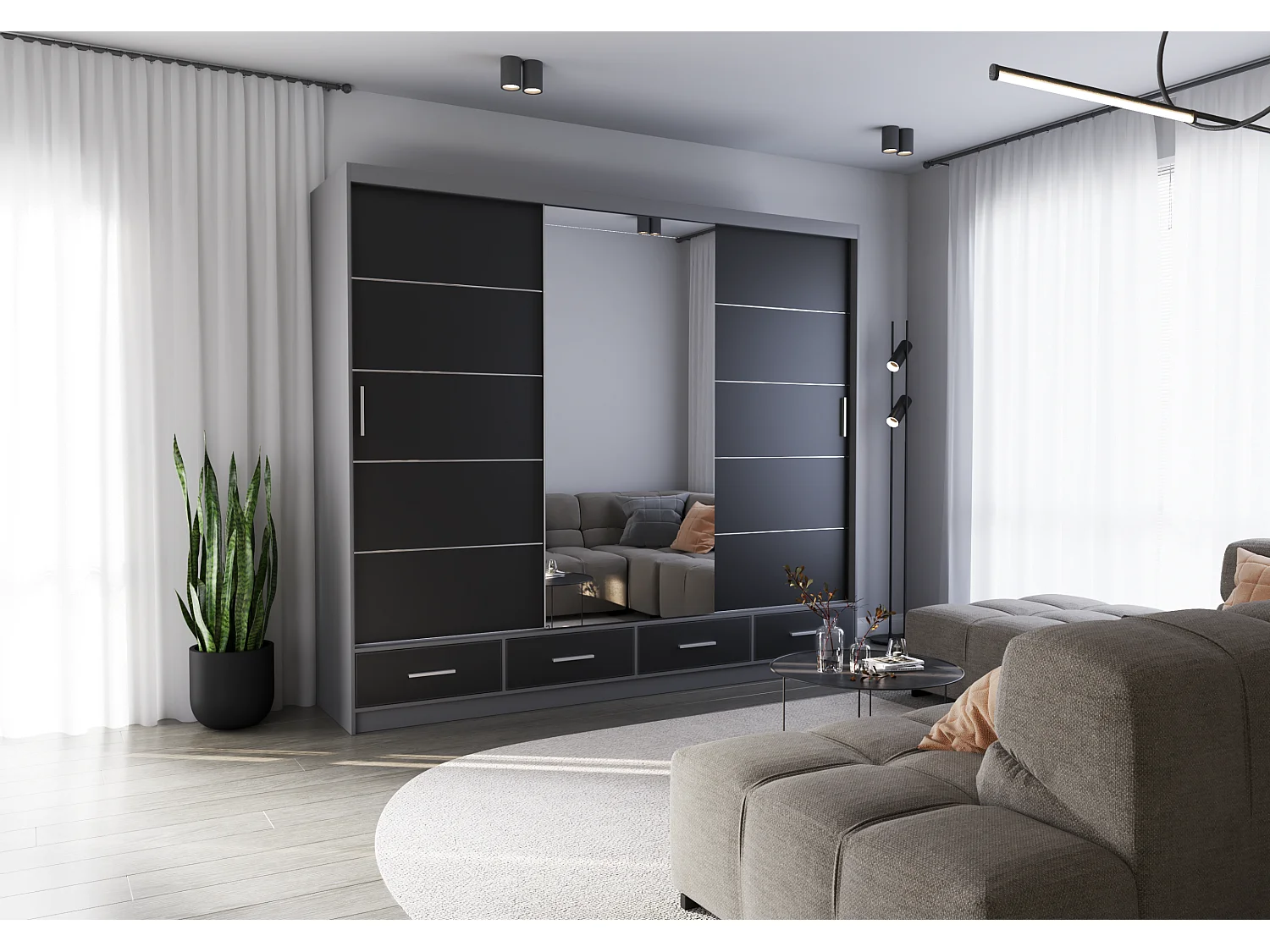 Armoire Silas 250 cm avec miroir - Gris - Noir