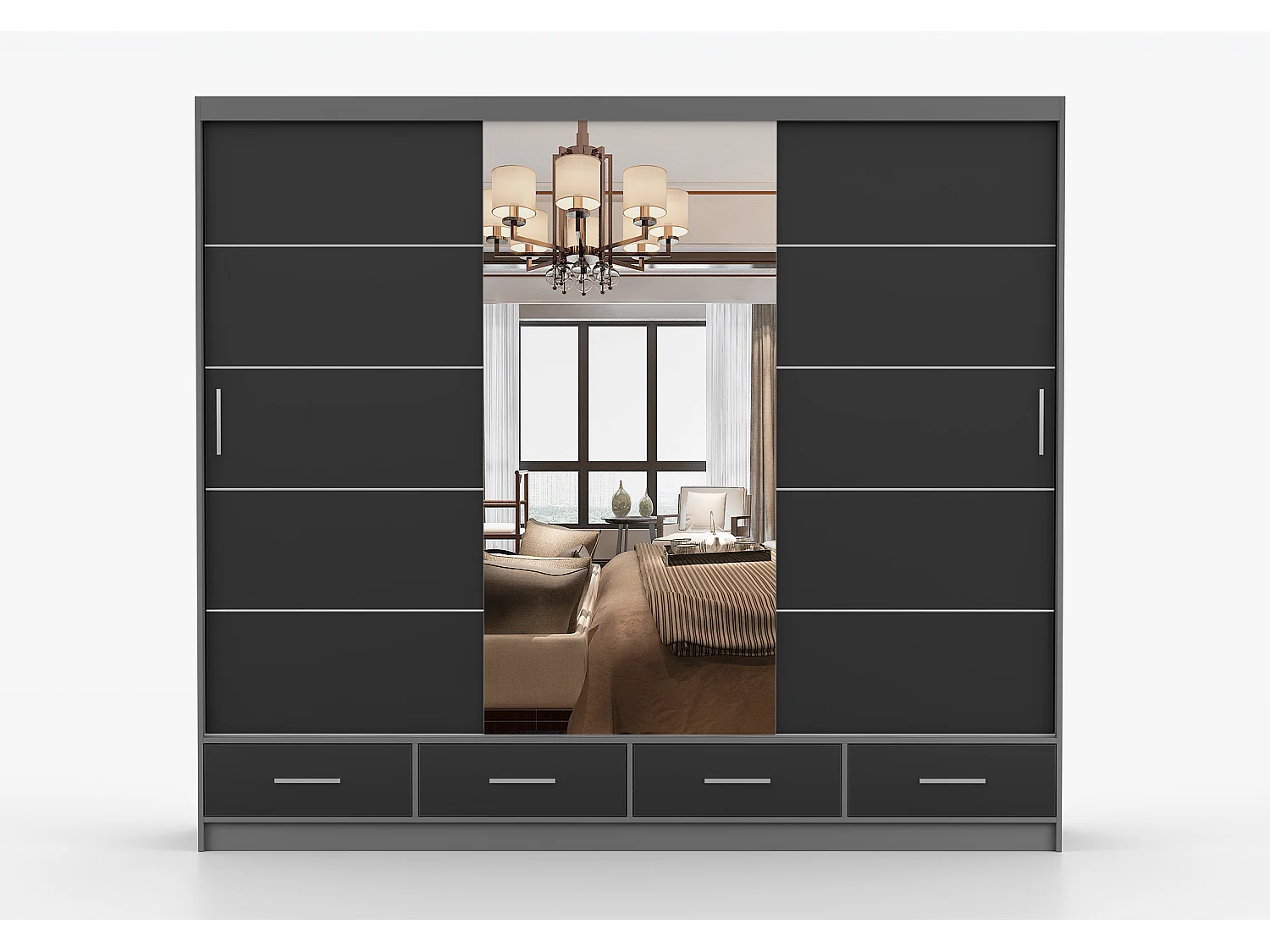 Armoire Silas 250 cm avec miroir - Gris - Noir