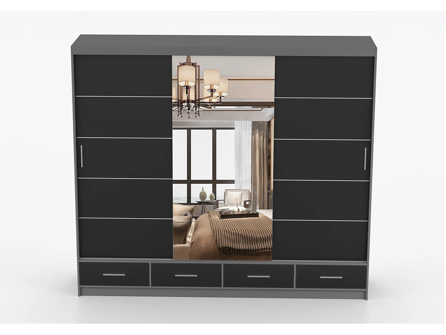 Armoire Silas 250 cm avec miroir - Gris - Noir