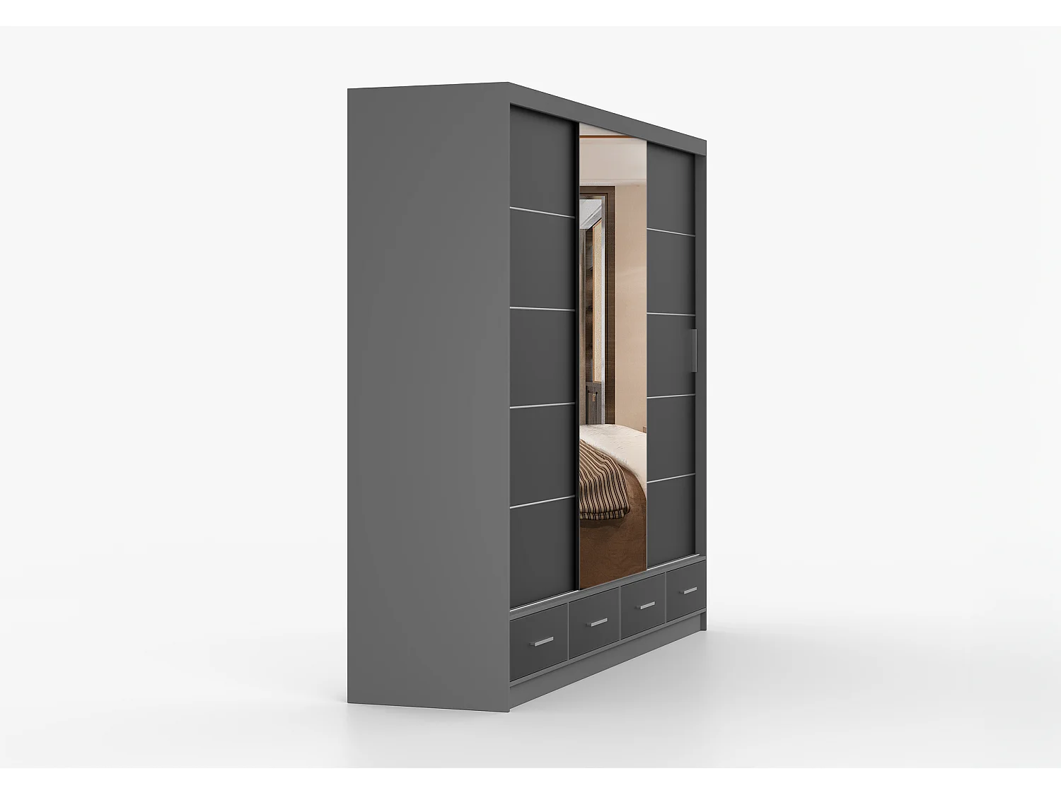 Armoire Silas 250 cm avec miroir - Gris - Noir
