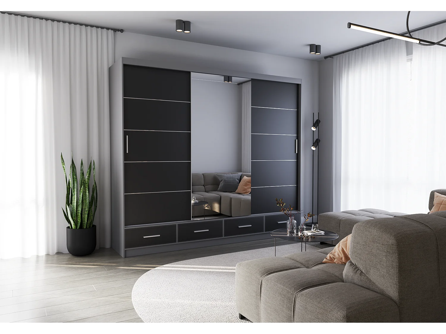 Armoire Silas 250 cm avec miroir - Gris - Noir