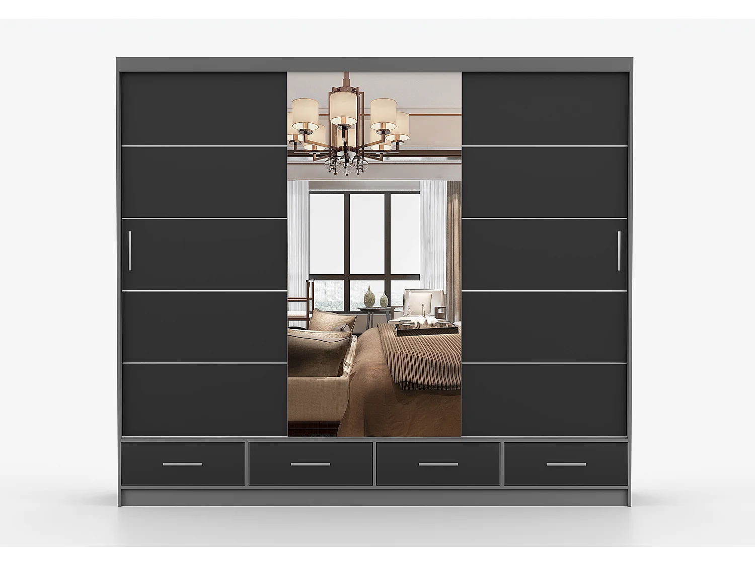 Armoire Silas 250 cm avec miroir - Gris - Noir