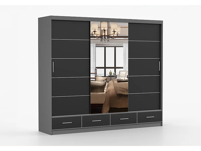 Armoire Silas 250 cm avec miroir - Gris - Noir
