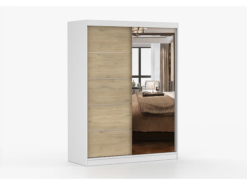 Armoire Aileen 150 cm avec miroir - Blanc - Chêne crémone