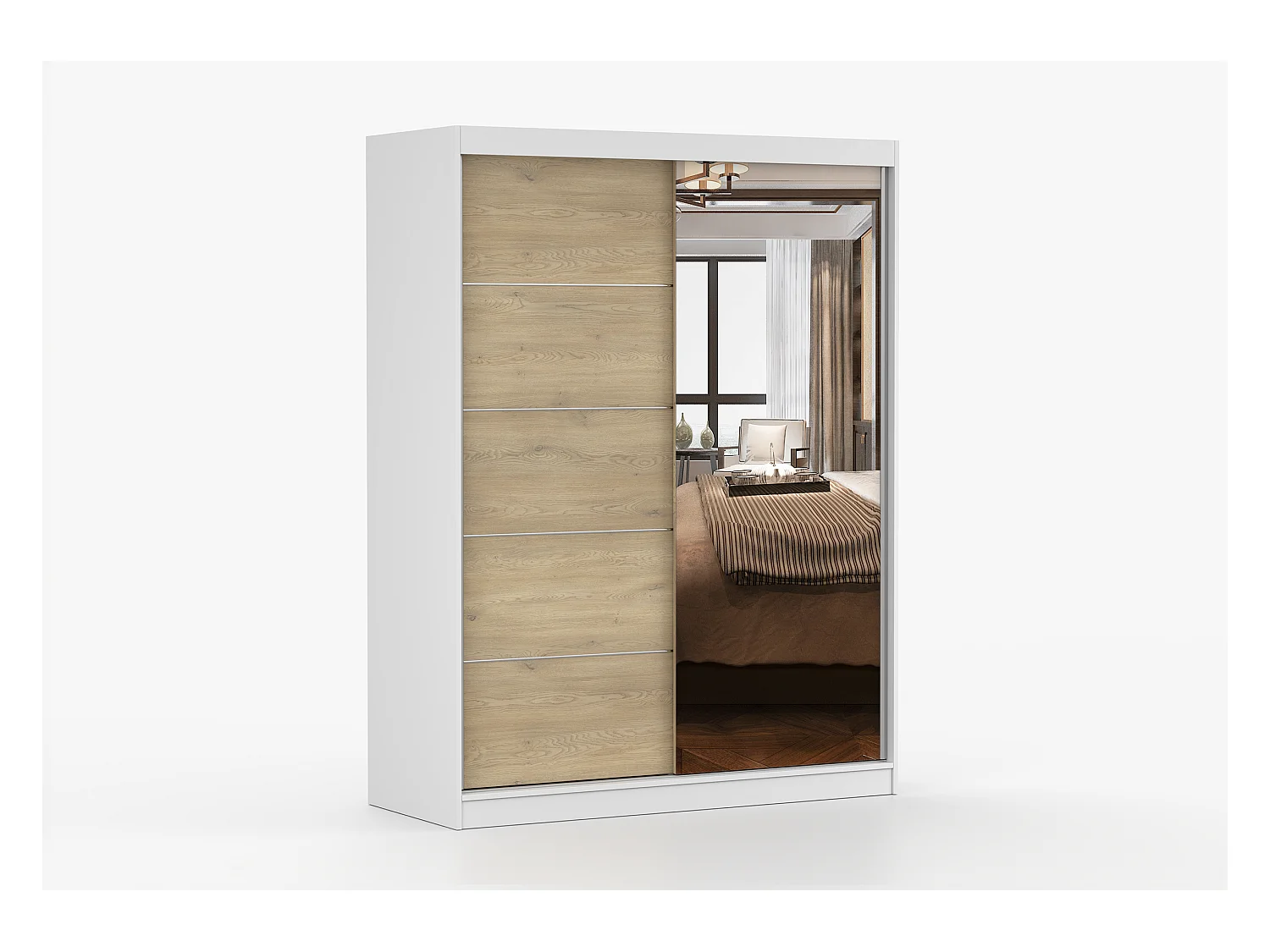 Armoire Aileen 150 cm avec miroir - Blanc - Chêne crémone