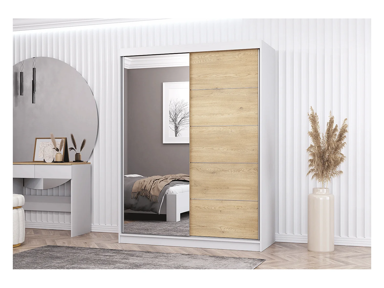 Armoire Aileen 150 cm avec miroir - Blanc - Chêne crémone