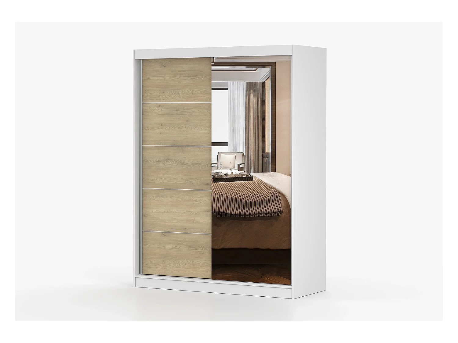 Armoire Aileen 150 cm avec miroir - Blanc - Chêne crémone