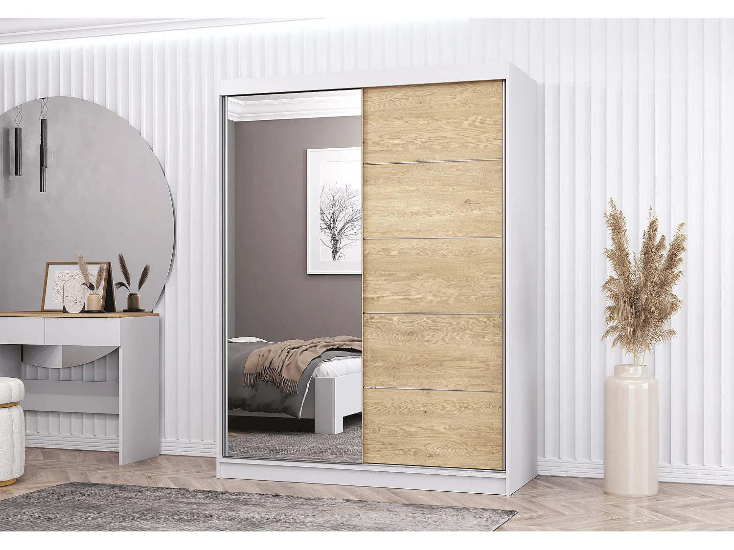 Armoire Aileen 150 cm avec miroir - Blanc - Chêne crémone