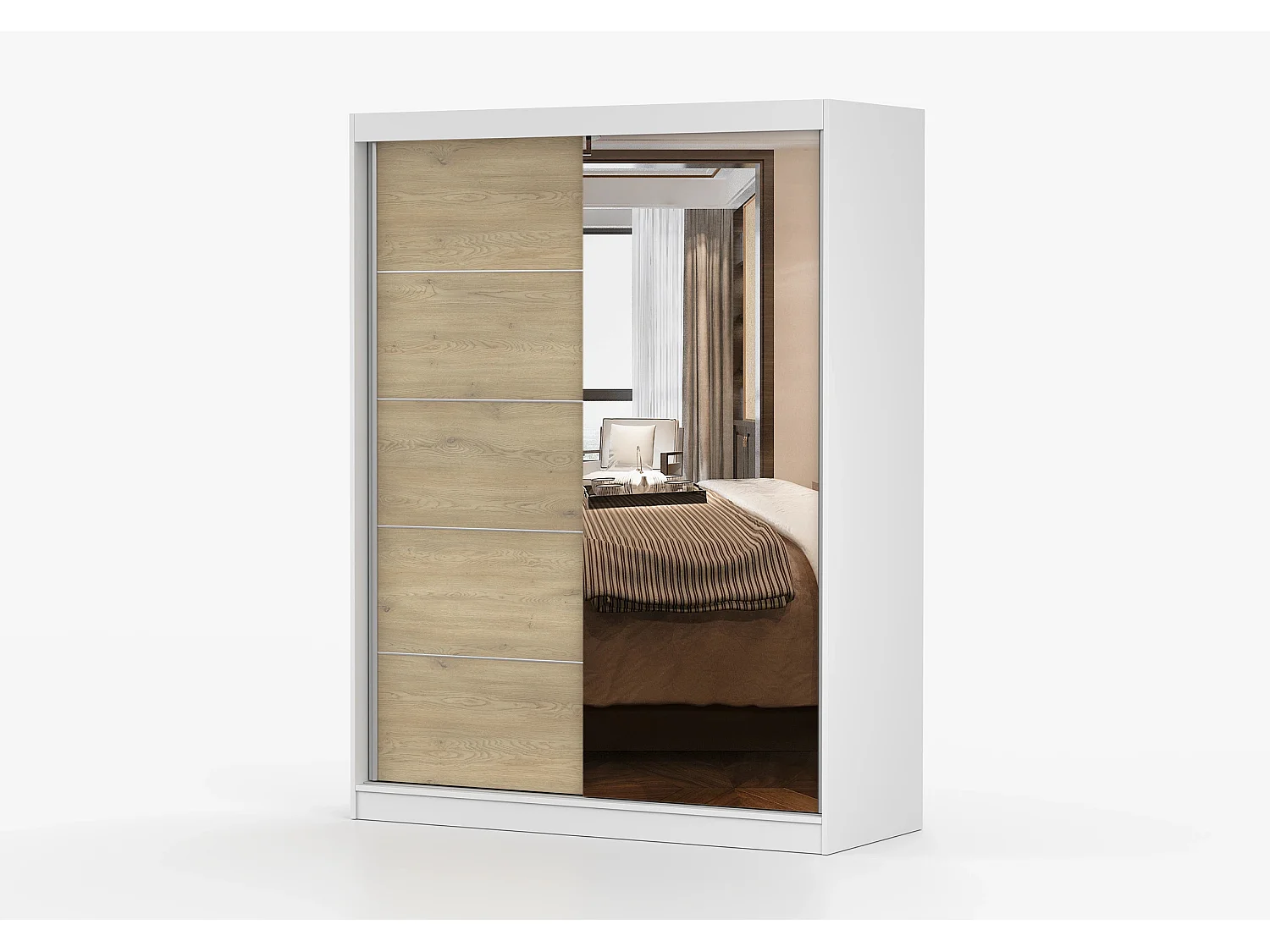 Armoire Aileen 150 cm avec miroir - Blanc - Chêne crémone