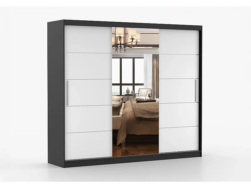 Armoire Olympe 233 cm avec miroir - Noir - Blanc