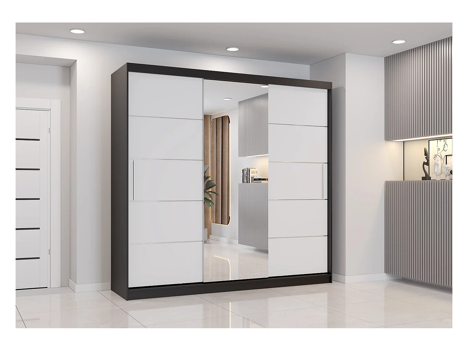 Armoire Olympe 233 cm avec miroir - Noir - Blanc