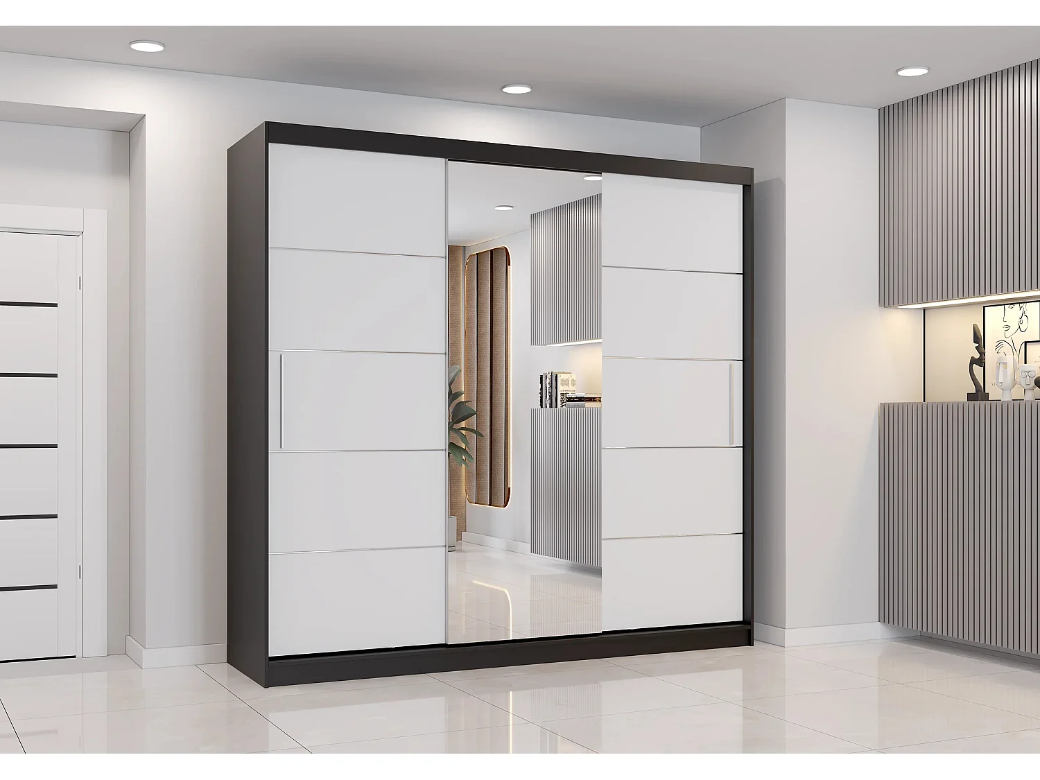 Armoire Olympe 233 cm avec miroir - Noir - Blanc