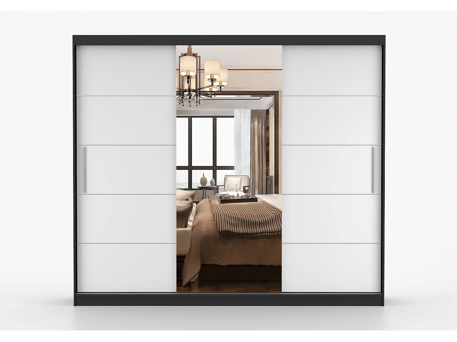 Armoire Olympe 233 cm avec miroir - Noir - Blanc