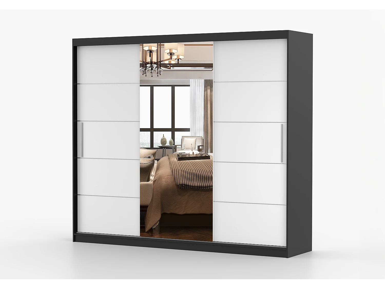 Armoire Olympe 233 cm avec miroir - Noir - Blanc