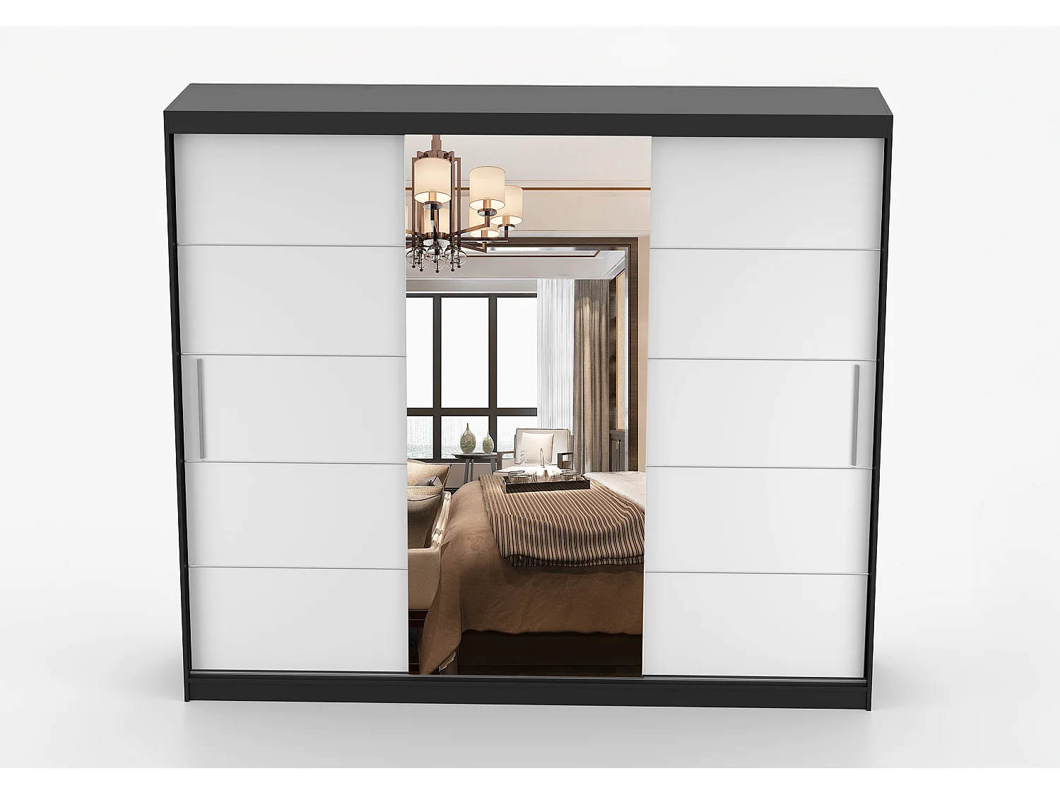 Armoire Olympe 233 cm avec miroir - Noir - Blanc