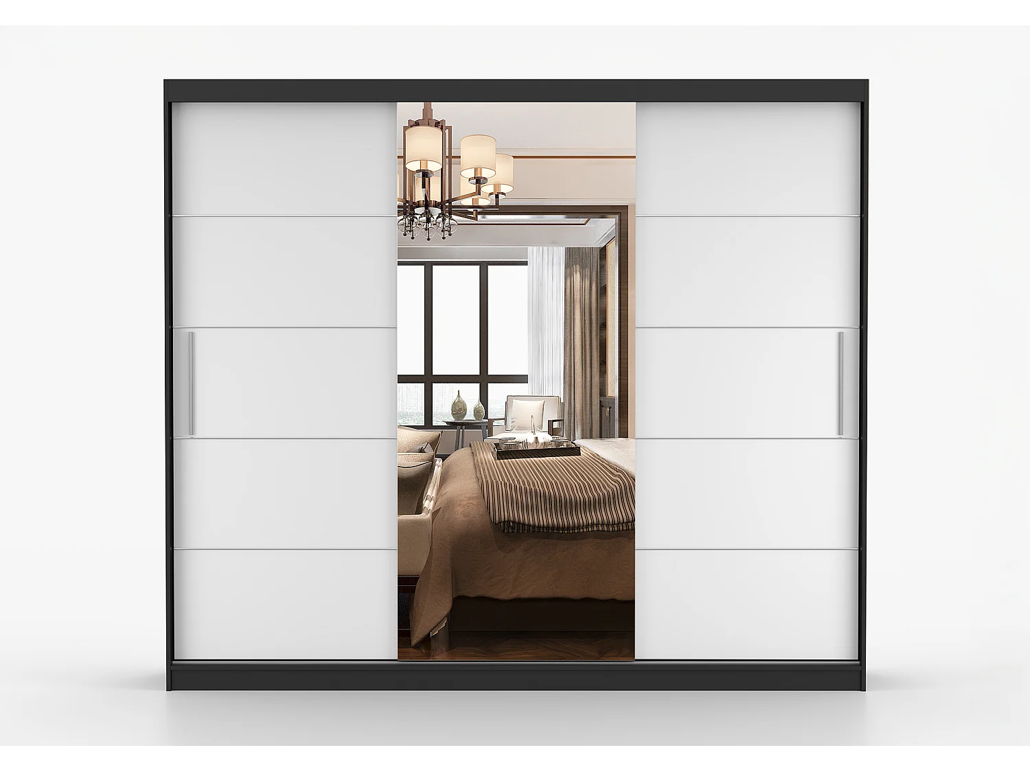 Armoire Olympe 233 cm avec miroir - Noir - Blanc