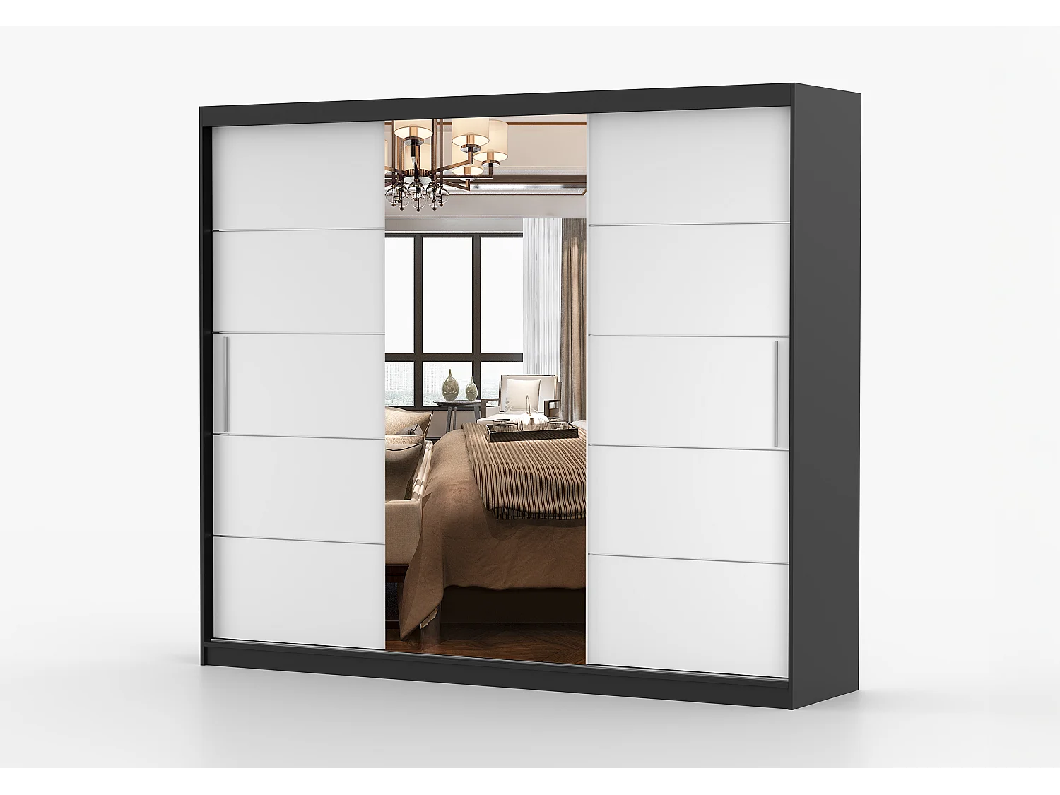 Armoire Olympe 233 cm avec miroir - Noir - Blanc