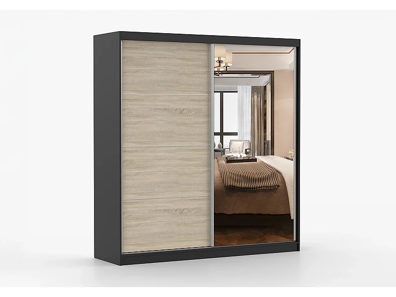 Armoire Tais 203 cm avec miroir - Noir - Chêne