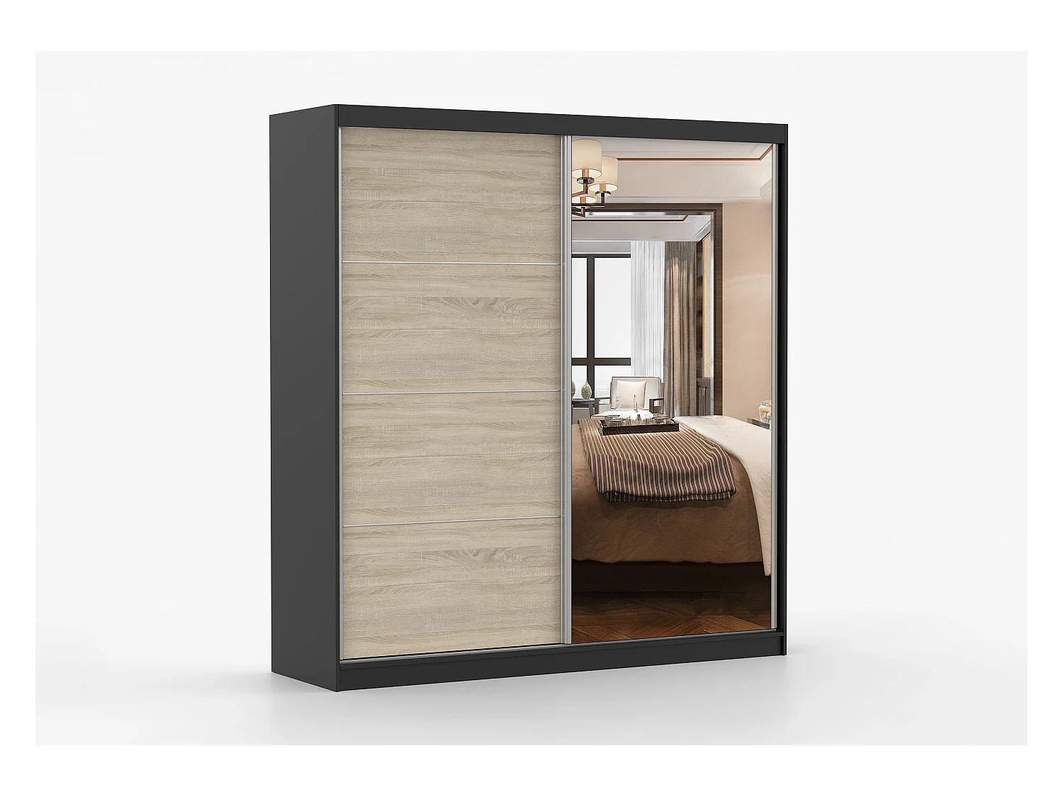 Armoire Tais 203 cm avec miroir - Noir - Chêne