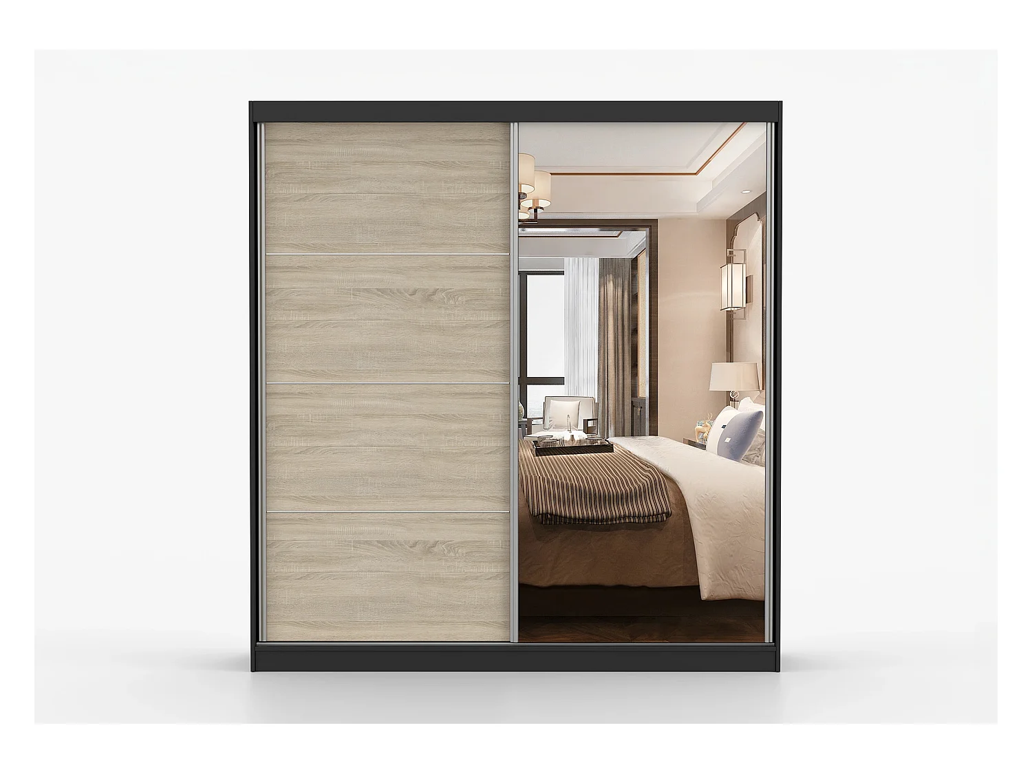 Armoire Tais 203 cm avec miroir - Noir - Chêne