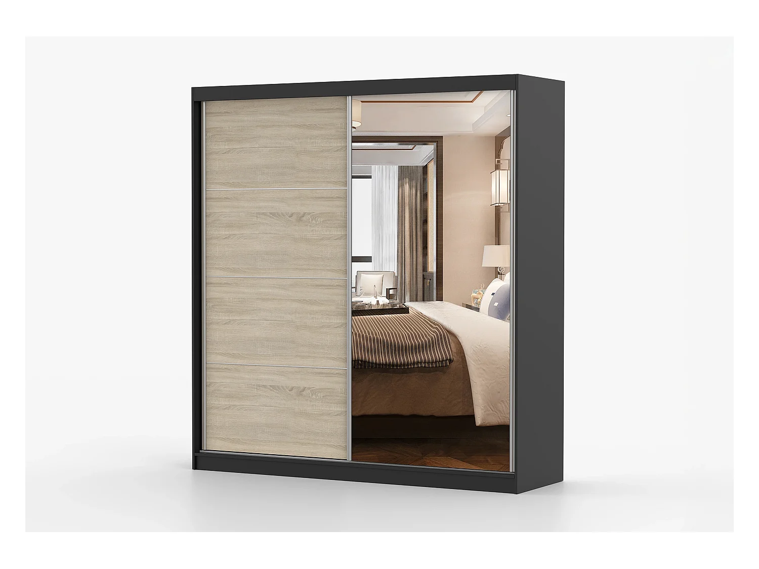 Armoire Tais 203 cm avec miroir - Noir - Chêne