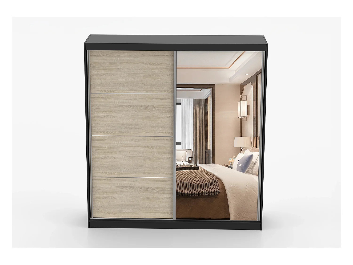 Armoire Tais 203 cm avec miroir - Noir - Chêne