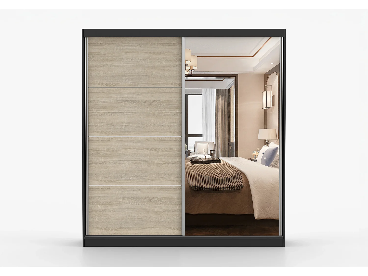 Armoire Tais 203 cm avec miroir - Noir - Chêne