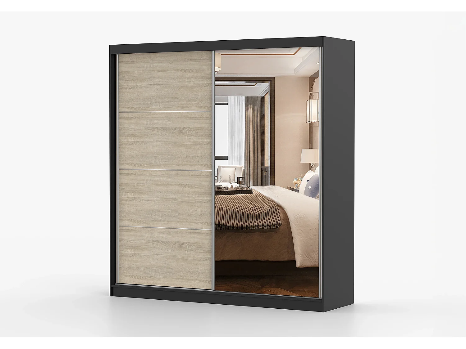 Armoire Tais 203 cm avec miroir - Noir - Chêne