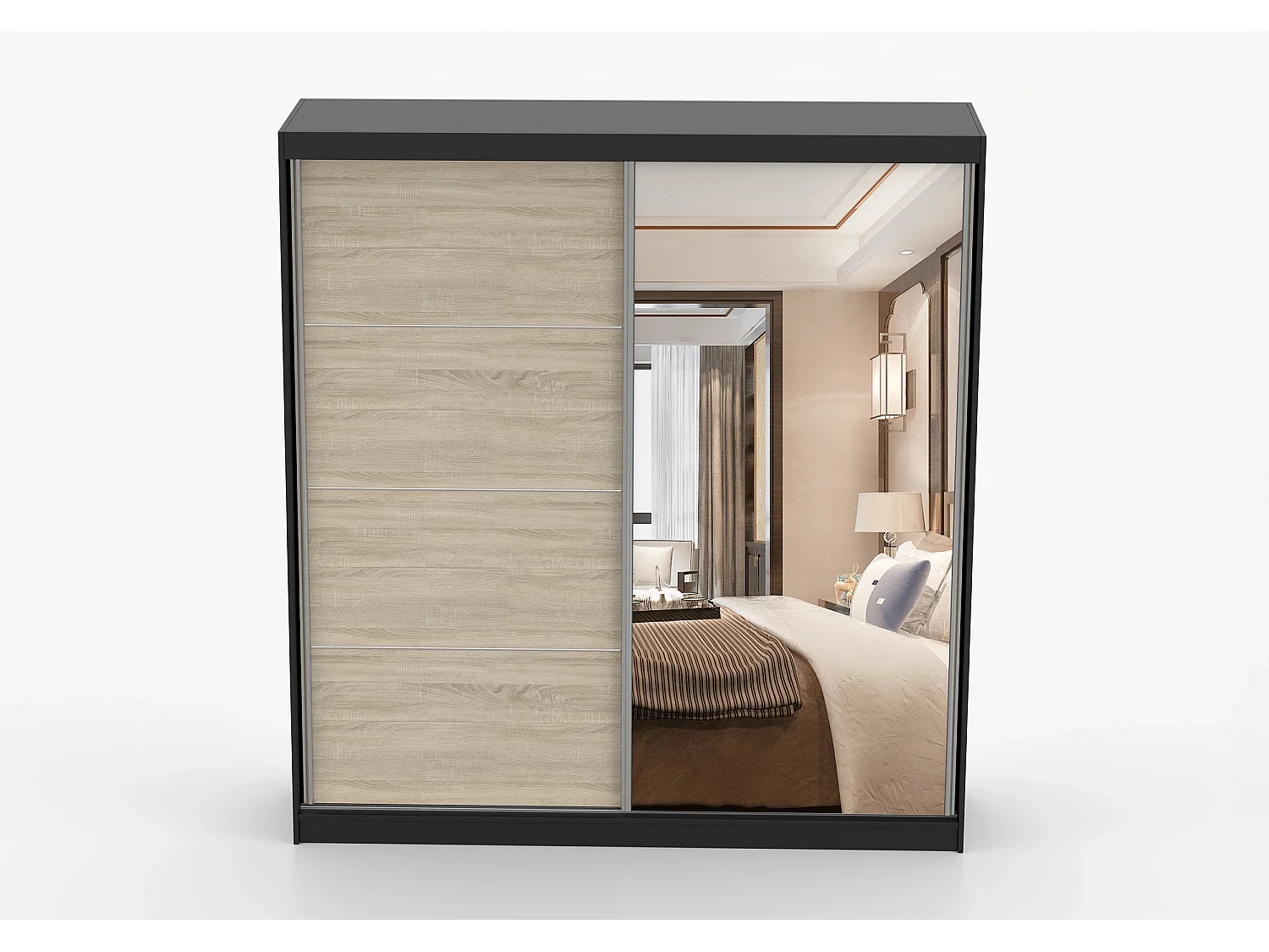 Armoire Tais 203 cm avec miroir - Noir - Chêne