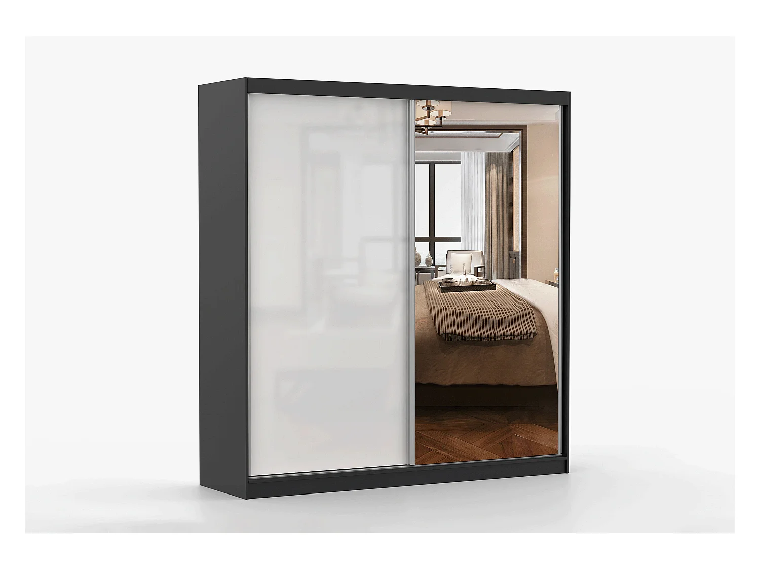 Armoire Orphée 203 cm avec miroir - Noir - Blanc