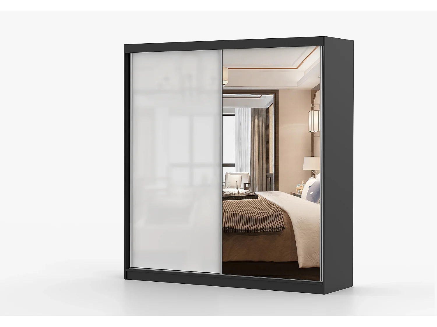 Armoire Orphée 203 cm avec miroir - Noir - Blanc
