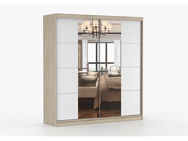 Armoire Helis 203 avec miroir - Chêne - Blanc