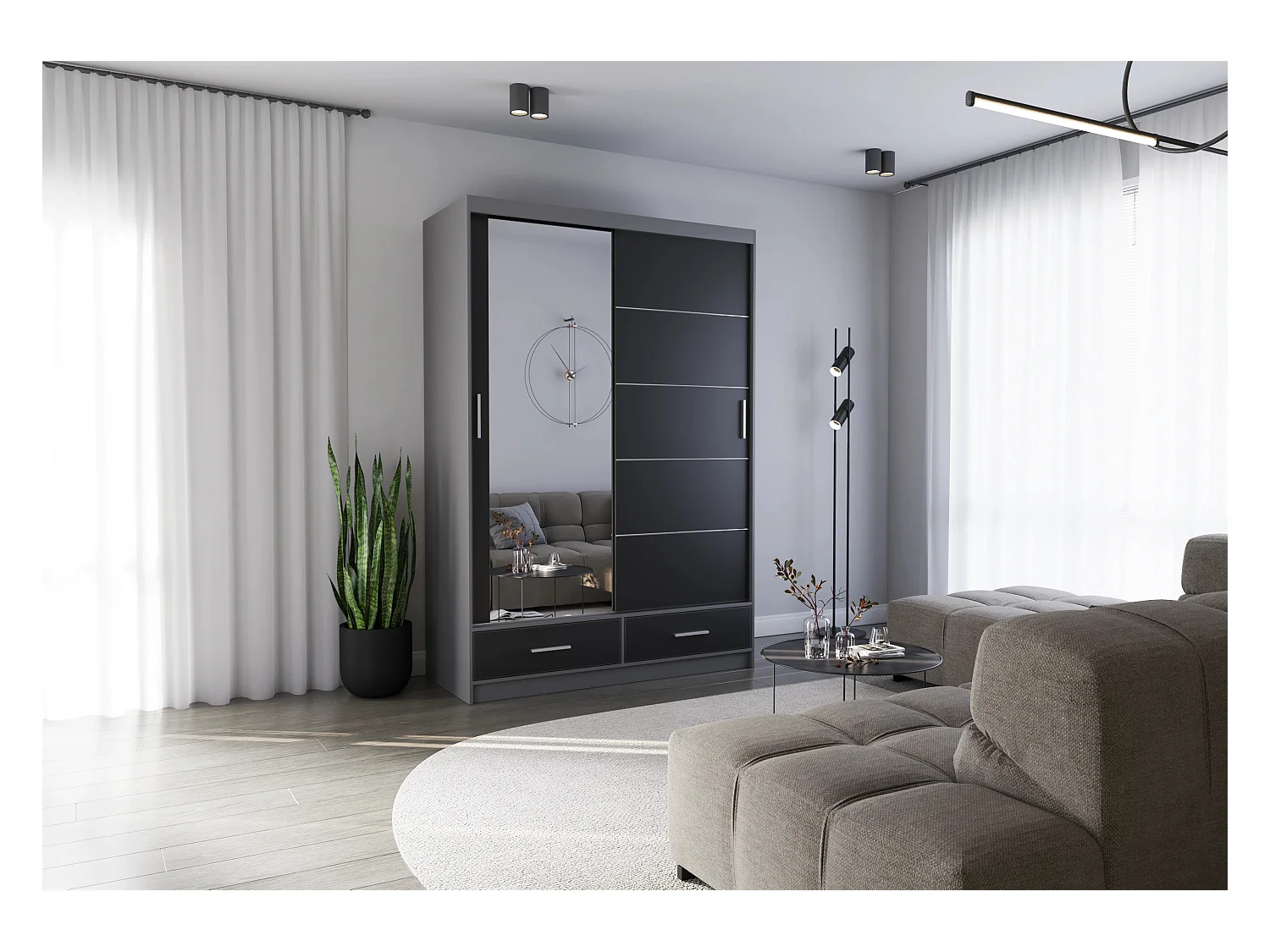 Armoire Silvana 150 cm avec miroir - Gris - Noir