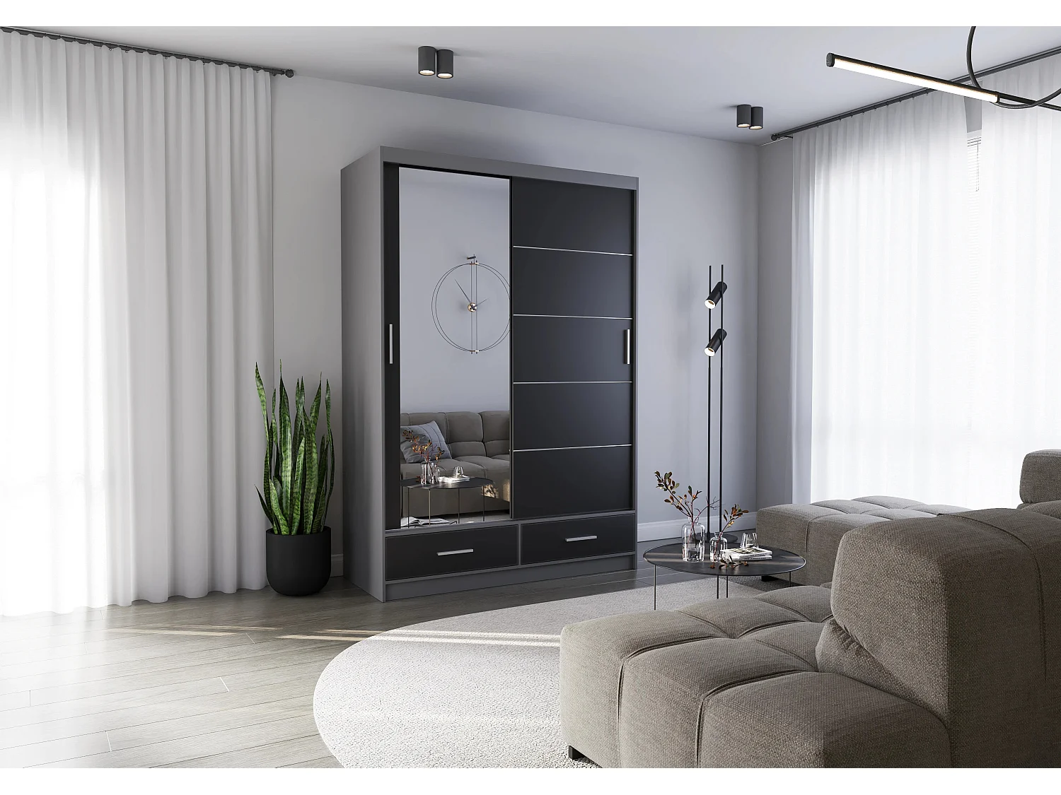 Armoire Silvana 150 cm avec miroir - Gris - Noir