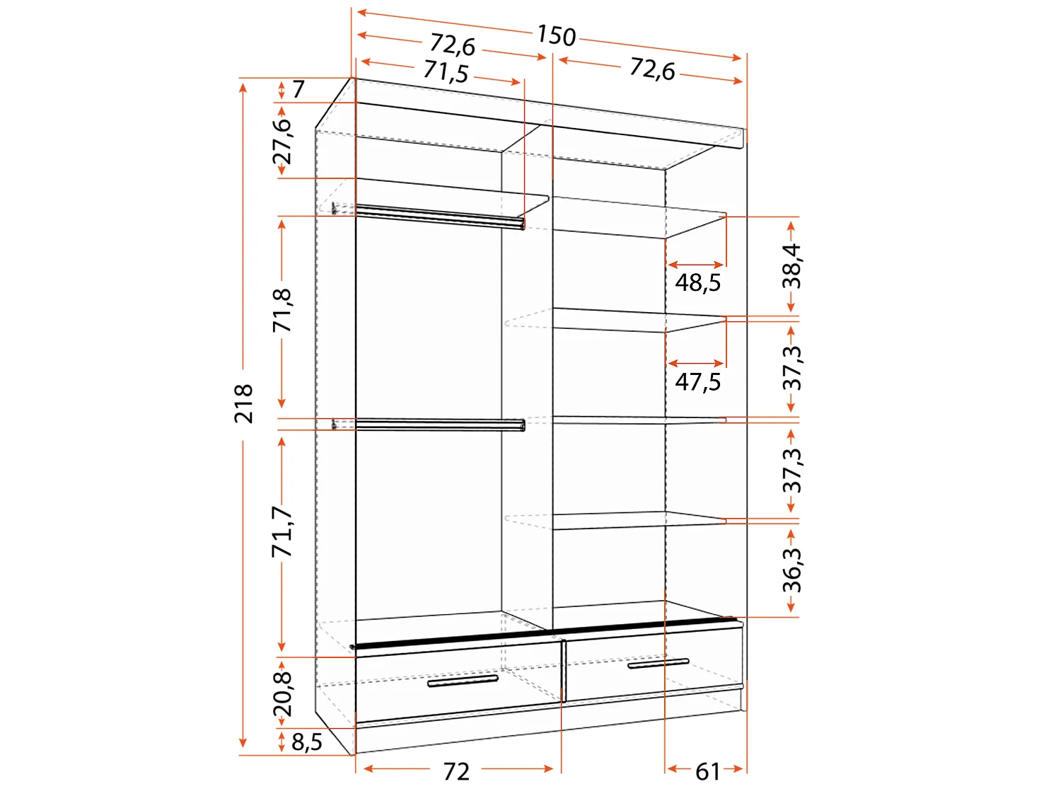 Armoire Silvana 150 cm avec miroir - Gris - Noir