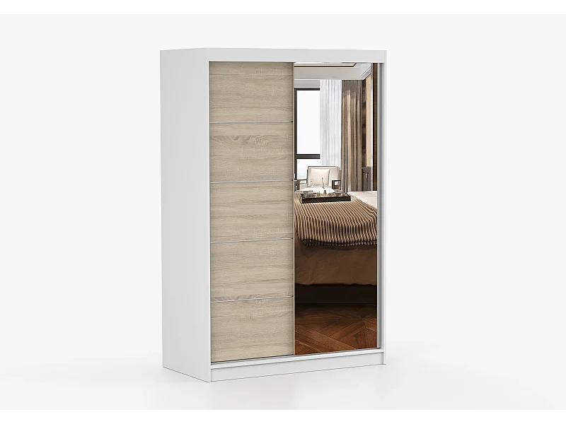 Armoire Syra 120 cm avec miroir - Blanc - Chêne