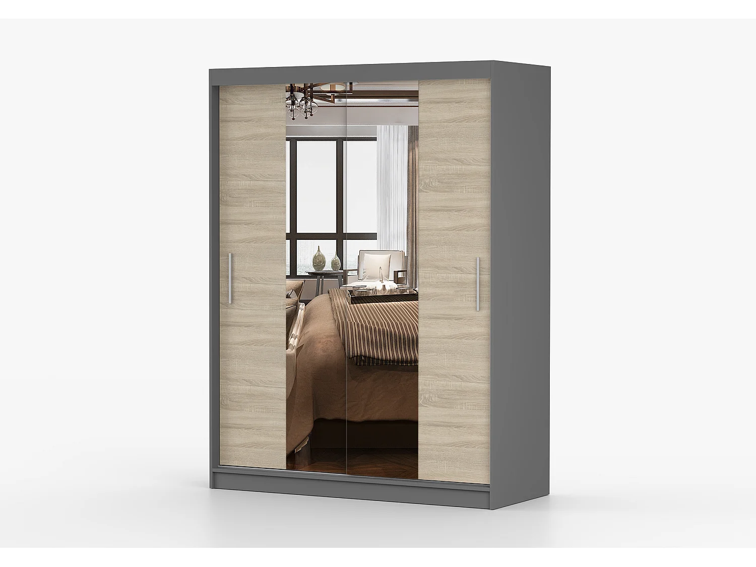 Armoire Aenora 150 cm avec miroir - Gris - Chêne