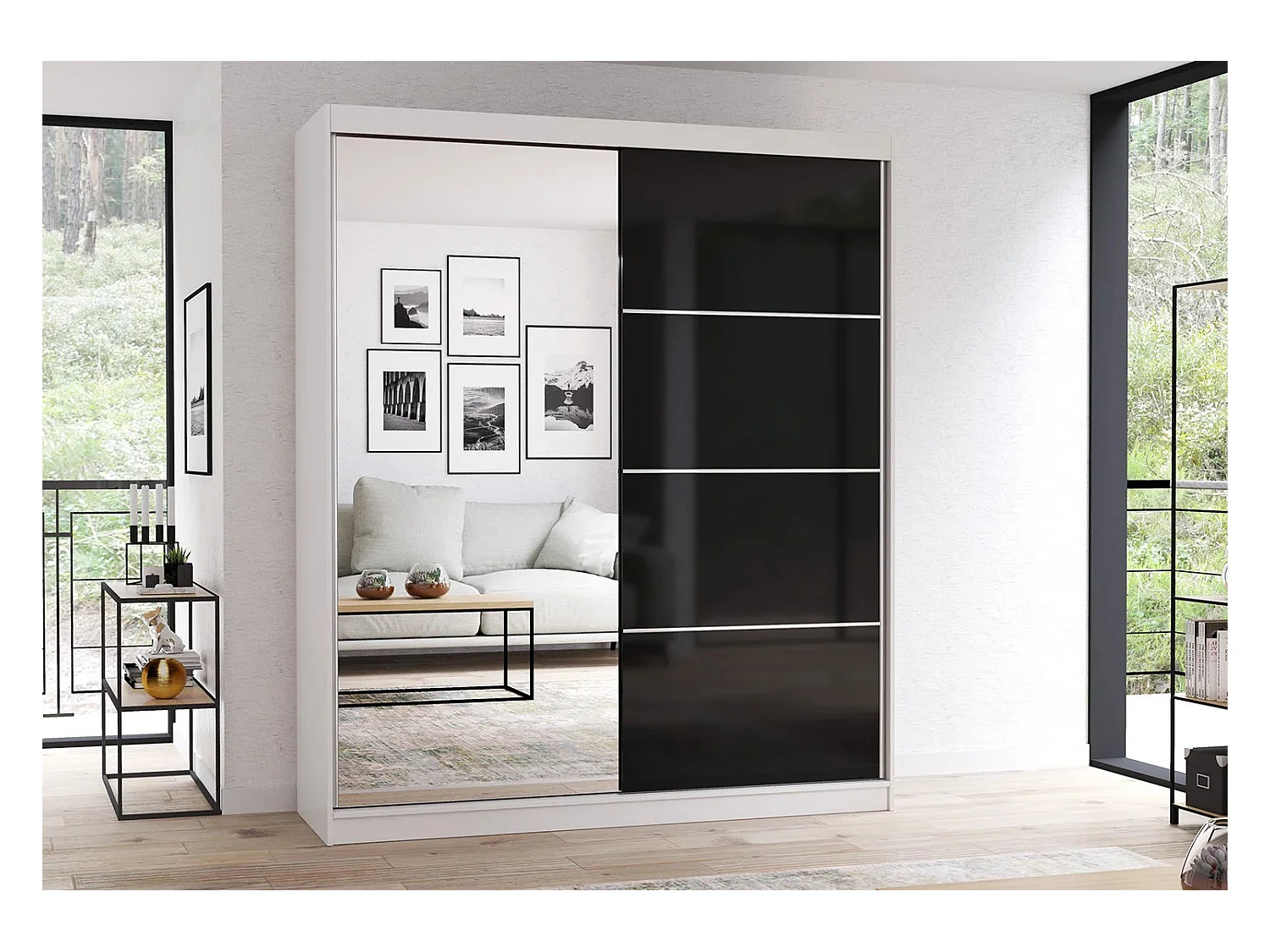Armoire Calypso 183 cm avec miroir - Blanc - Noir
